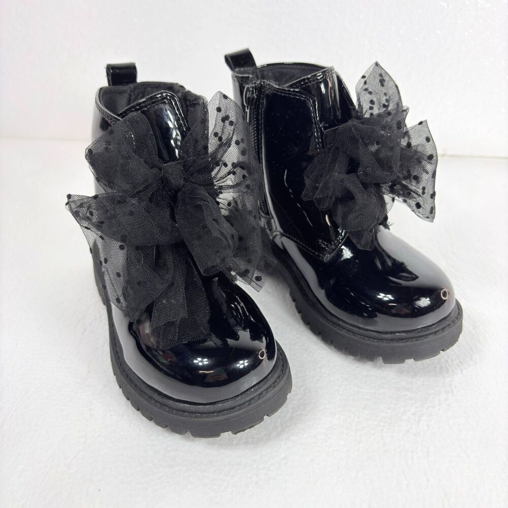 Jessica Simpson Toddler Girls 10/9 Daria Double Bow Patent Leather Black Boot